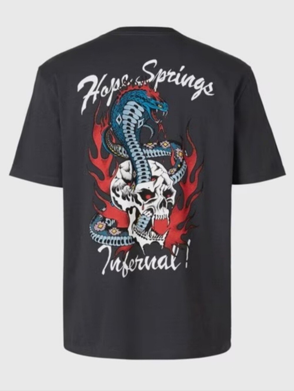 ALL SAINTS Black Graphic Crewneck T-Shirt with Blue Snake & Red Flame Design